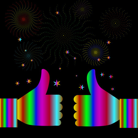 Vector graphics. On a black background, two bright hands with a thumb up and fireworks.のイラスト素材