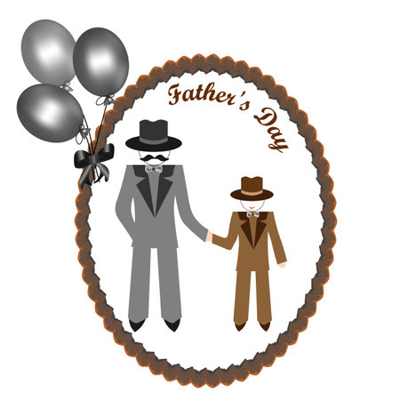 Vector graphics. Father's Day. Father and son in formal suits and hats. Father holds his son's hand.のイラスト素材