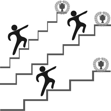 Vector graphics. Abstract. Business. On a white background, three types of stairs, along which people quickly climb to their goals.のイラスト素材