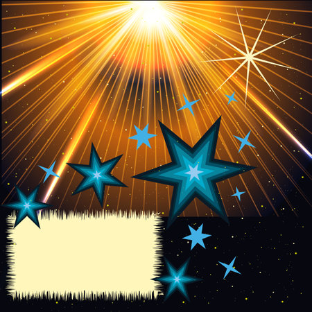 Vector graphics. Holiday background. Greeting card. Bright rays and blue stars on a dark background.のイラスト素材