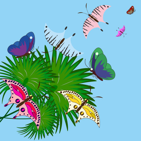 Vector graphics. Palm leaves and many exotic butterflies on a blue background.のイラスト素材