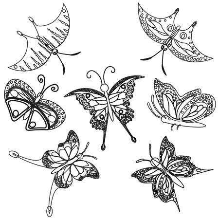 Vector graphics. Seven outlines of butterflies in black and white tones on a white background.のイラスト素材
