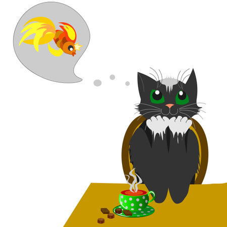 Vector graphics. Abstraction. The cat sits at the table and dreams of a goldfish. There is a cup of tea and sweets on the table.のイラスト素材