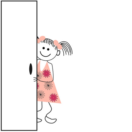 Vector graphics. Abstract. Children's drawing. Smiling girl peeks out from behind the door.のイラスト素材