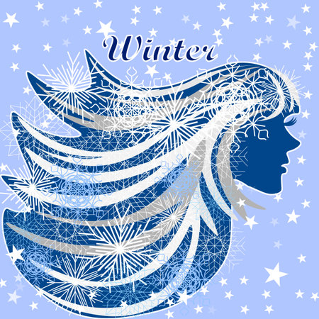 Vector graphics. Abstract. Winter girl. Silhouette of a girl with flowing hair and snowflakes.のイラスト素材