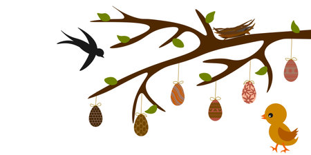 Vector Easter illustration of a tree branch with hanging decorated eggs in various patterns, bird nest, flying swallow, green leaves, and cute chick.のイラスト素材