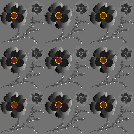 Elegant floral  pattern with dark gray anemone-like flowers, yellow-brown textured centers, brown accents, gray branches with berries on charcoal background, vector illustration.のイラスト素材