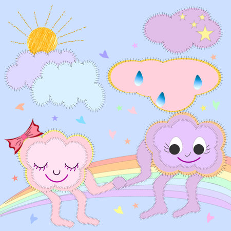 Cute kawaii cloud characters sitting on a rainbow and holding hands, one pink cloud with a bow, patchwork style embroidered sun with rays, fluffy pastel clouds stitched with threads in dreamy sky.のイラスト素材
