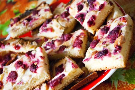 A plateful of sliced homemade cakeの写真素材