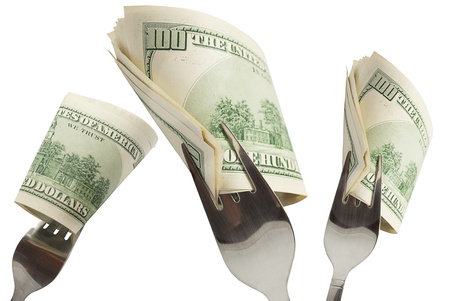 Three forks with $ 100 for each, isolated on white.の写真素材