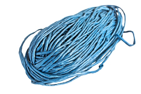 Big blue hank of rough rope, isolated on white.