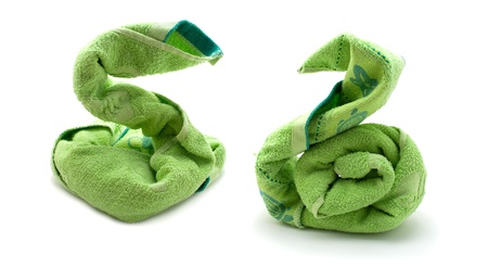 Improvised figures of swans made by the green towels isolated on white.の写真素材