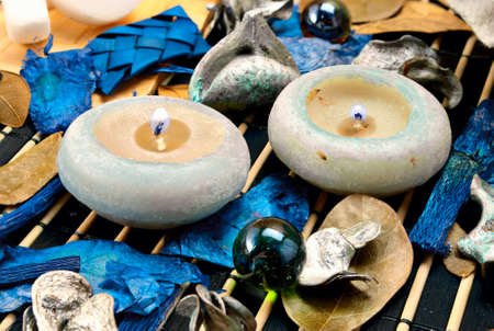 Still life of a spa candles and other accessories.の写真素材