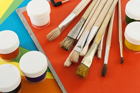 Some tools for paintings and colorful paper sheets.の写真素材