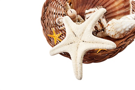 Closeup of braided straw basket full of seashells, isolated on white.の写真素材