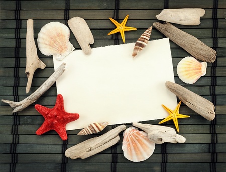 Beautiful composition of marine items with empty paper card.の写真素材