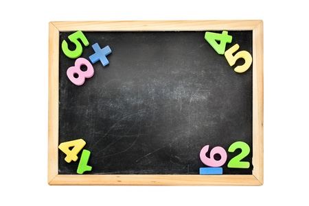 Black chalkboard and few colorful digits, isolated on white.