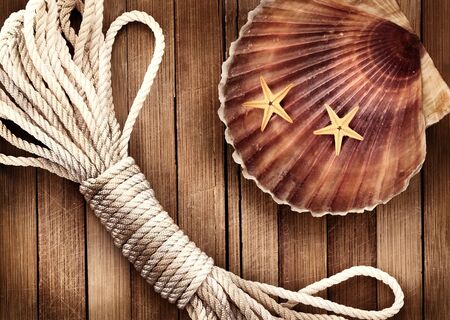Closeup of few marine items on a wooden background.の写真素材