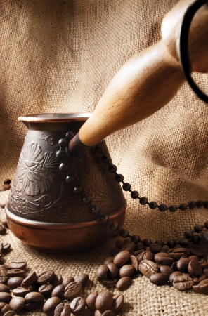 Coffee turk still life on a sackcloth background の写真素材