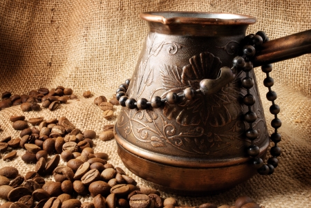 Coffee turk still life on a sackcloth background の写真素材
