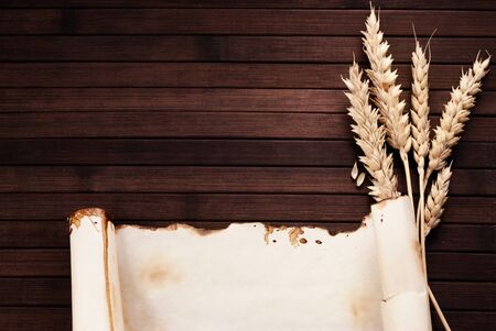 Worn out paper scroll and few ears of wheat on wooden background.の写真素材