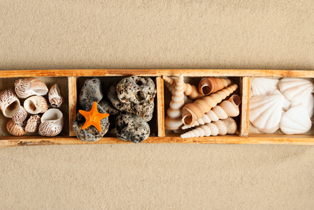 Wooden sections with few marine items on a sandy background.の写真素材