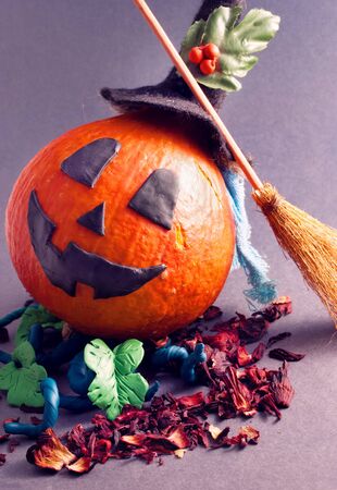 Halloween pumpkin with plasticine details.の写真素材