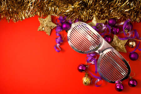 Bright and festive New Year still life on a red background.の写真素材
