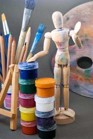 Classic wooden dummy and other art tools.の写真素材