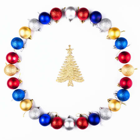 New Year, Christmas Wreath of Colorful Balls with fir. Top Viewの写真素材