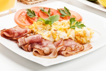 Scrambled eggs with bacon  Selective focus の写真素材