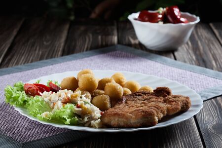 Breaded chop, prepared potatoes and salad  Mysterious lightの写真素材