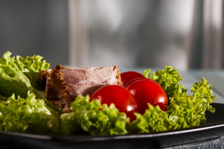 Raw vegetables and sliced roast  Dark toneの写真素材