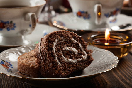 Cake on the high tea set on festive tableの写真素材