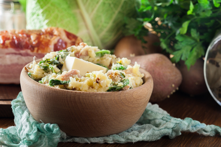 Colcannon, traditional Irish dish with mashed potatoes, bacon and cabbageの写真素材