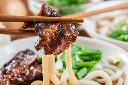Japanese Udon noodles with beef, green onion and soup in a dishの写真素材