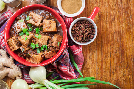 Mapo Tofu - traditional sichuan spicy dish. Chinese cuisine. Top viewの写真素材