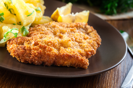 Homemade breaded viennese schnitzel with potato salad on a plateの写真素材