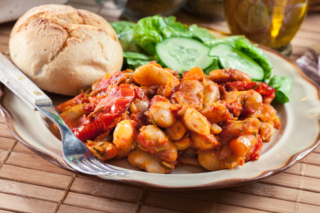 Baked giant beans with tomato sauce. Greek traditional foodの写真素材