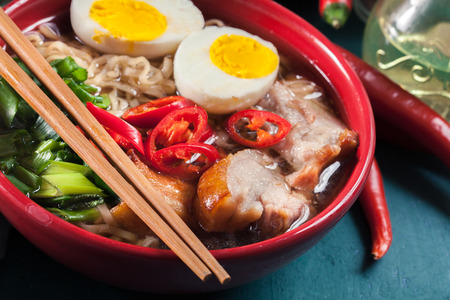 Ramen. Traditional japanese noodle soup with pork, green onion and eggの写真素材
