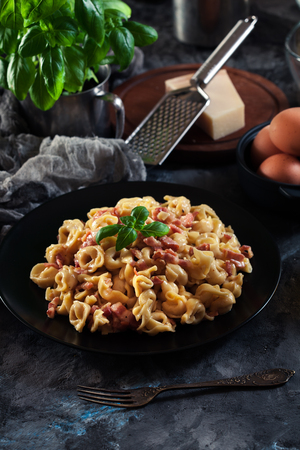 Fresh tortellini with homemade carbonara sauce and parmesan cheese. Italian cuisineの写真素材