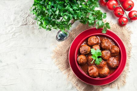 Albondigas - meatballs with tomato sauce. Spanish and Mexican dishの写真素材
