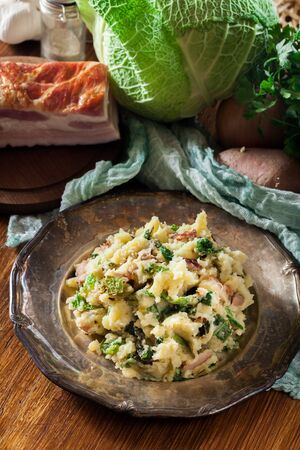 Colcannon, traditional Irish dish with mashed potatoes, bacon and cabbageの写真素材