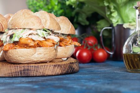 Pulled chicken sandwich with salad and bbq sauce on cutting boardの写真素材