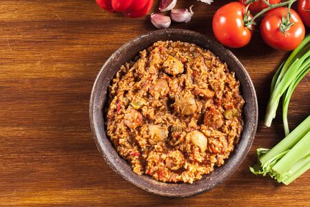 Chicken jambalaya - spicy rice with chicken a nd sausage. Creole dishの写真素材