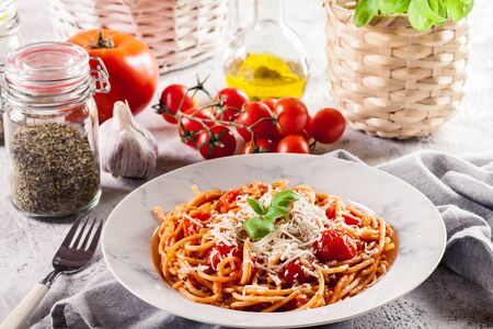Spaghetti Napoli with parmesan cheese. Traditional italian dishの写真素材