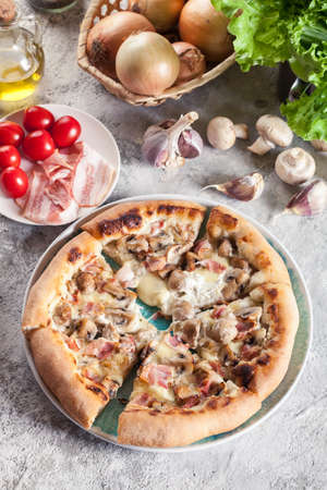 Pizza Bianca with bacon and mushrooms. Italian dishの写真素材
