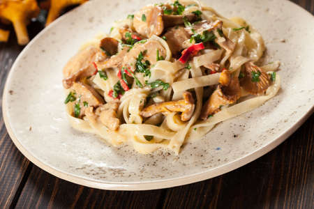 Tagliatelle pasta with chicken and chanterelles mushrooms with creamy sauceの写真素材