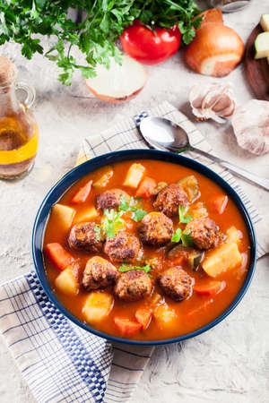 Albondigas - tomato soup with meatballs and vegetables. Spanish and Mexican dishの写真素材