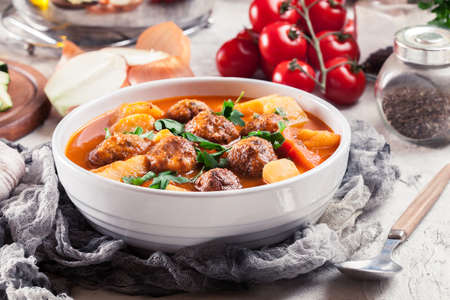 Albondigas - tomato soup with meatballs and vegetables. Spanish and Mexican dishの写真素材